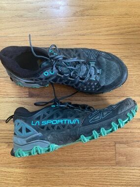 La Sportiva Black Trail Shoes with Teal Accents